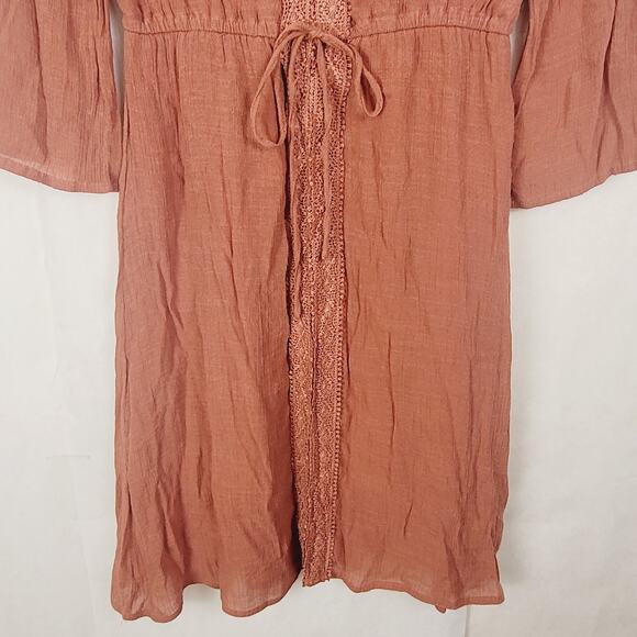 Indigo Rose brown embroidered lace bell sleeve gauzy dress Size Sm Peasant Boho - Picture 5 of 8